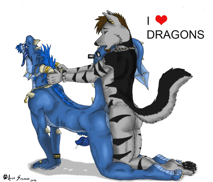 &lt;3 ace_stryker all_fours anal anthro beard blue_hair blue_penis blue_tongue brown_hair butt canine claws crocodile cum cum_string dog_tags doggy_position doggystyle dragon duo ear_piercing english_text erection eyes_closed facial_hair from_behind gay goatee hair horn horn_grab interspecies male mammal nude open_mouth penis piercing plain_background raised_tail reptile scales scalie sex text thick_tail tongue tongue_out white_background wolf