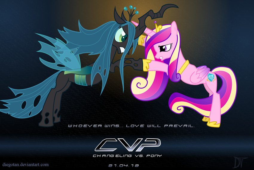 alien_vs_predator angry antennae black_background black_body blonde_hair blue_hair changeling couple crown cutie_mark diegotan english_text equine eye_contact female feral fight friendship_is_magic generation_4 green_eyes hair hi_res horn horse mammal multi-colored_hair my_little_pony parody pink_body pink_hair plain_background pony poster princess_cadance_(mlp) princess_cadence_(mlp) purple_eyes purple_hair queen_chrysalis_(mlp) text three_color_hair winged_unicorn wings