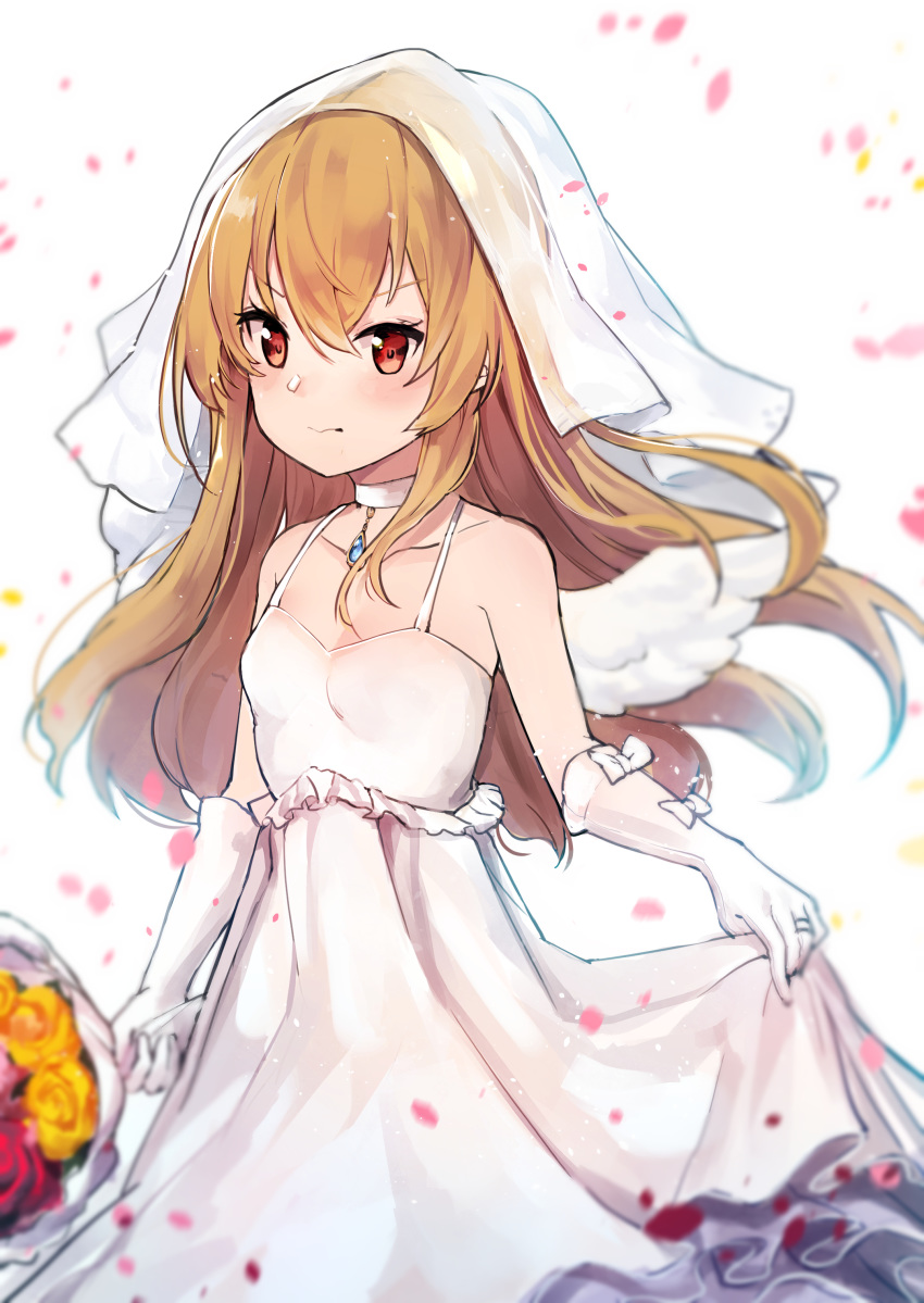 1girl absurdres aisaka_taiga bada_(jksh5056) bangs bare_shoulders blurry blurry_foreground blush bouquet bow breasts bridal_veil choker closed_mouth collarbone commentary_request depth_of_field dress elbow_gloves eyebrows_visible_through_hair flower gloves hair_between_eyes highres holding holding_bouquet light_brown_hair long_hair mini_wings petals red_eyes red_flower red_rose rose see-through sleeveless sleeveless_dress small_breasts solo toradora! v-shaped_eyebrows veil very_long_hair wedding_dress white_background white_bow white_choker white_dress white_gloves white_wings wings yellow_flower yellow_rose