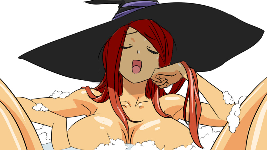 bath breasts bubble_bath chin_rest cleavage closed_eyes dragon's_crown drawfag hat huge_breasts long_hair matsu-sensei nude open_mouth red_hair simple_background solo sorceress_(dragon's_crown) spread_legs water white_background witch_hat