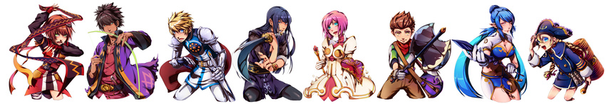 4girls bad_id bad_pixiv_id estellise_sidos_heurassein flynn_scifo highres judith karol_capel long_image multiple_boys multiple_girls patty_fleur pepa raven_(tales) rita_mordio tales_of_(series) tales_of_vesperia white_background wide_image yuri_lowell