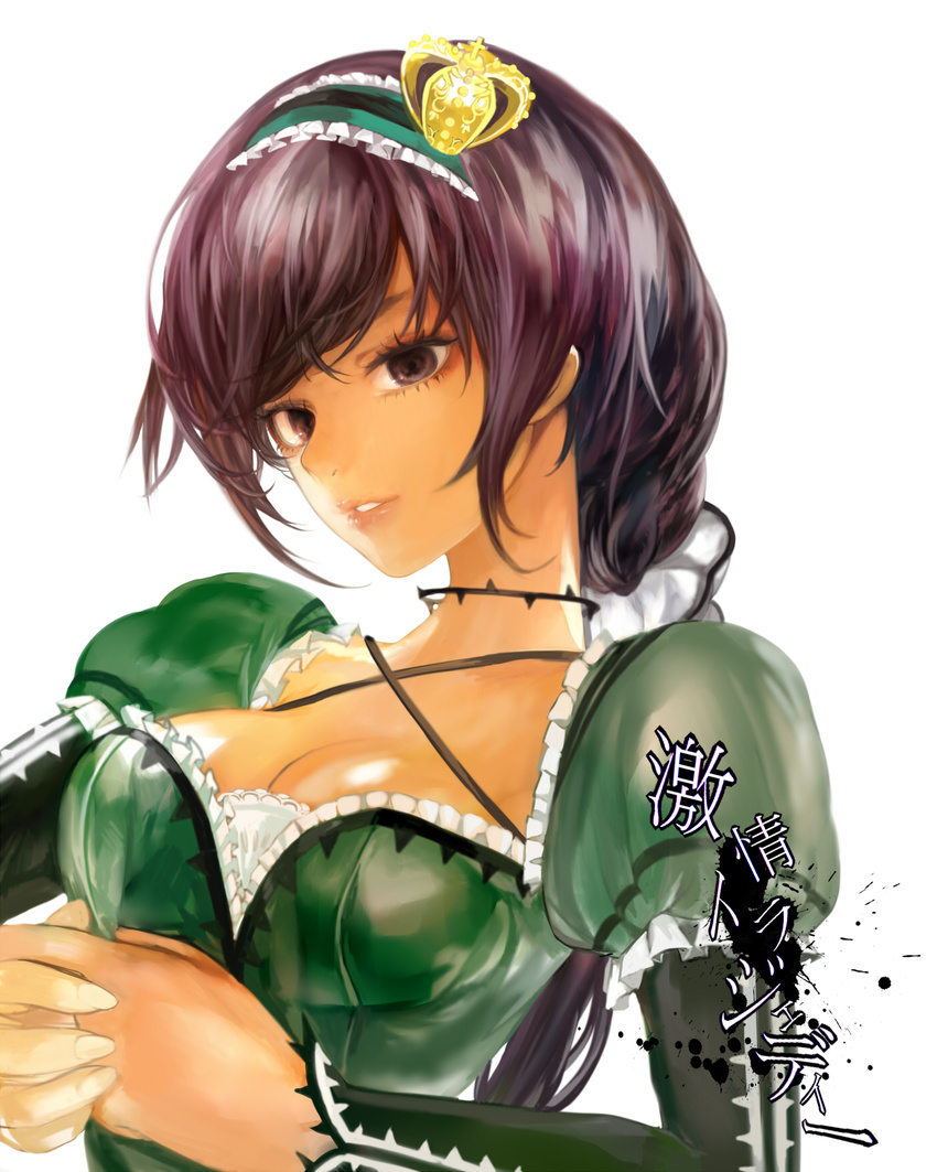 breasts brown_eyes brown_hair crown gekijou_tragedy_(vocaloid) hairband highres lips long_hair looking_at_viewer medium_breasts mini_crown solo tcb vocaloid white_background