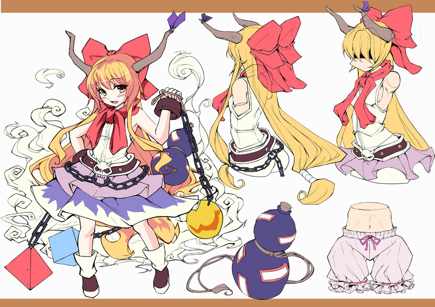 belt bloomers chain cube cuffs gourd hair_ribbon hand_on_hip horn_ribbon horns ibuki_suika long_hair navel orange_eyes orange_hair pz red_scarf ribbon scarf shackles skirt solo sphere tetrahedron touhou underwear