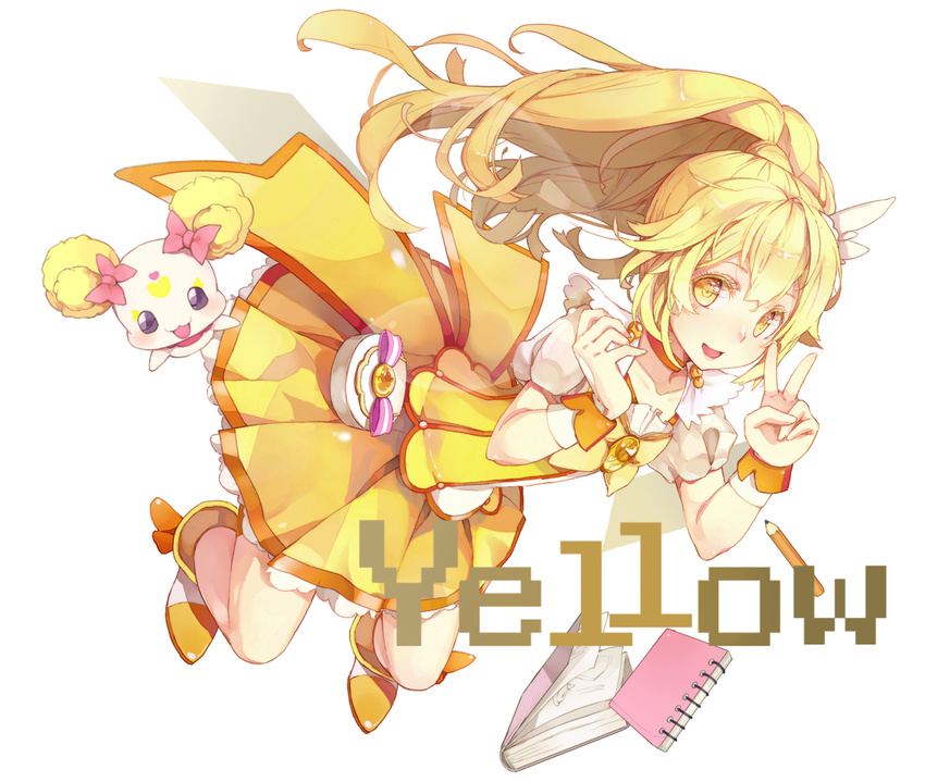 blonde_hair book bow candy_(smile_precure!) choker cure_peace evers eyelashes hair_flaps highres kise_yayoi long_hair magical_girl orange_choker pencil pink_bow ponytail precure shorts shorts_under_skirt skirt smile smile_precure! solo v yellow yellow_bow yellow_eyes yellow_skirt