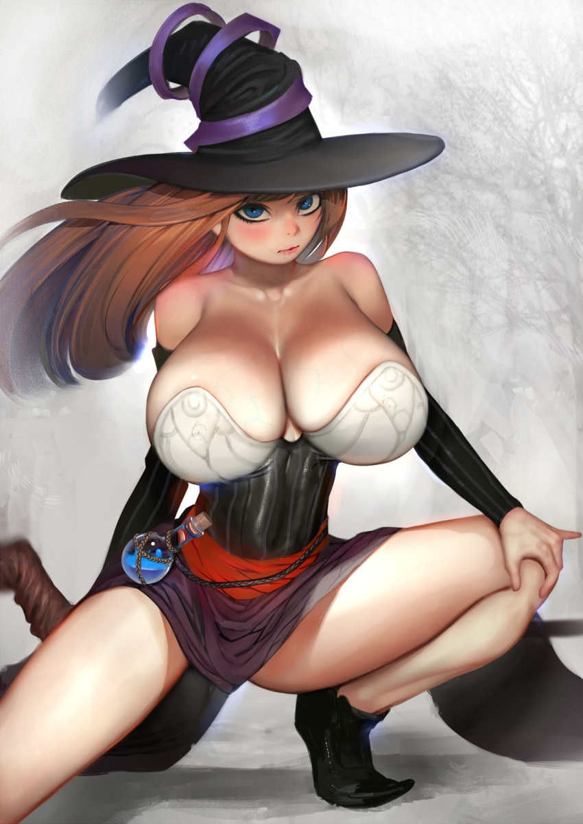 1girl arm_warmers bare_shoulders blue_eyes breasts brown_hair cleavage closed_mouth collarbone corset dragon's_crown hat huge_breasts legs long_hair looking_at_viewer potion randy_(awesomevillage) solo sorceress_(dragon's_crown) squatting witch_hat