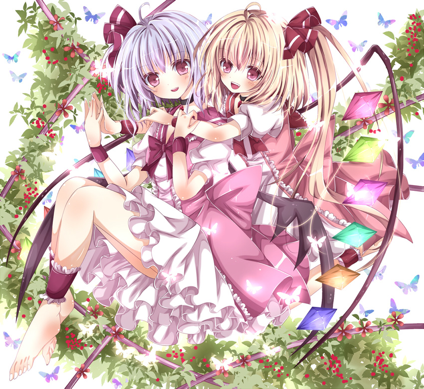 ahoge ankle_cuffs bad_id bad_pixiv_id barefoot bat_wings blonde_hair blue_hair blush bow bug butterfly choker dress flandre_scarlet frills gem hair_ribbon hug hug_from_behind insect jewelry multiple_girls nanase_nao no_hat no_headwear open_mouth pendant pink_dress pink_eyes red_dress remilia_scarlet ribbon siblings side_ponytail sisters smile touhou wings wristband