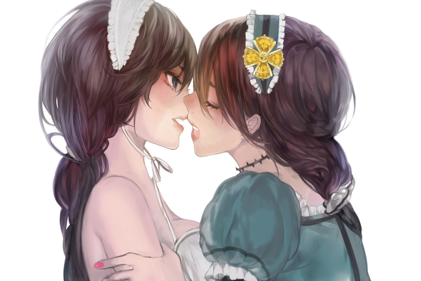 bare_shoulders blue_eyes breasts brown_hair choker closed_eyes crown dual_persona gekijou_tragedy_(vocaloid) hairband imminent_kiss lips long_hair medium_breasts mini_crown multiple_girls nail_polish ponytail puffy_sleeves simple_background tcb vocaloid white_background yuri