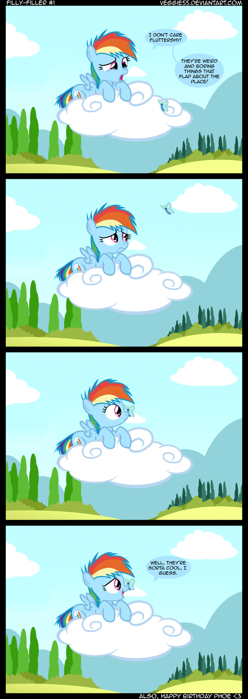bush butterfly cloud comic cute dialog dialogue english_text equine female feral friendship_is_magic hair horse insect mammal mountain multi-colored_hair my_little_pony outside pegasus pony rainbow_dash_(mlp) rainbow_hair sky solo text tree veggie55 wings wood young
