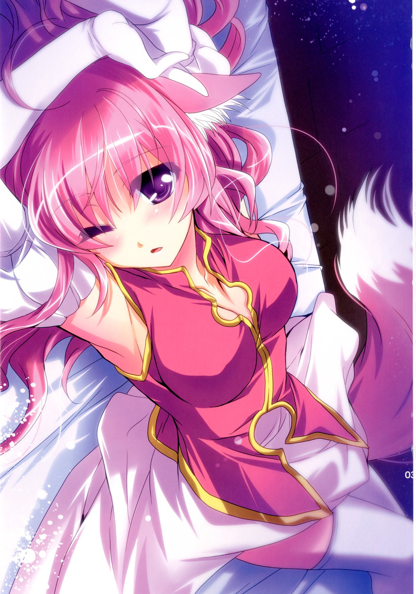 ahoge animal_ears armpits breasts cleavage dog_days dog_ears dog_girl dog_tail gloves highres kanna_(plum) medium_breasts millhiore_f_biscotti one_eye_closed pink_hair purple_eyes solo tail white_gloves