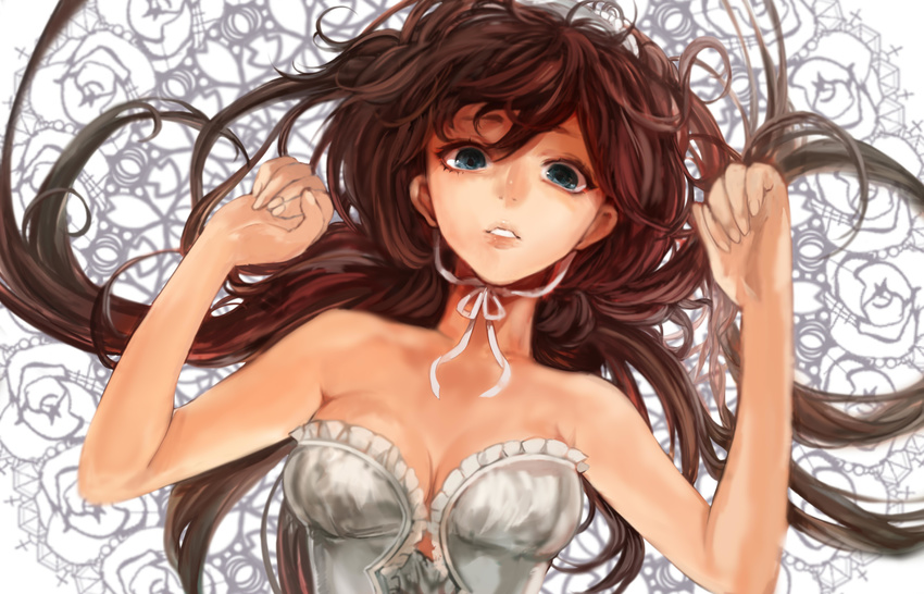 bare_shoulders blue_eyes breasts brown_hair gekijou_tragedy_(vocaloid) highres lips long_hair looking_at_viewer medium_breasts ribbon solo tcb upper_body vocaloid