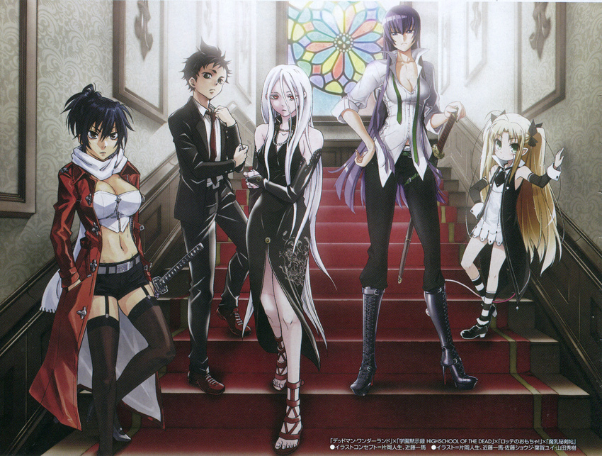 1boy 4girls albino artist_request astarotte_ygvar bare_shoulders business_suit busujima_saeko child coat deadman_wonderland dress garters group_shot heels high_heels highres highschool_of_the_dead igarashi_ganta katana loli lotte_no_omocha! manyuu_chifusa manyuu_hikenchou multiple_girls official_art ponytail red_eyes sandals scan scarf shiro_(deadman_wonderland) shoes sword toes weapon