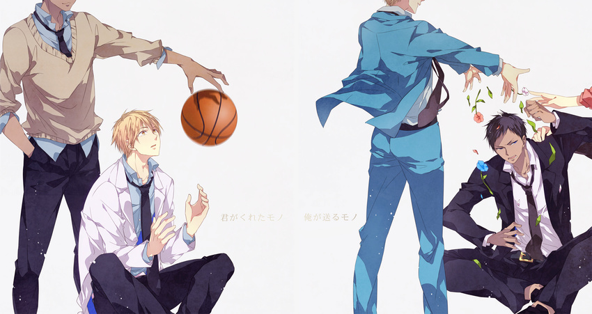 1girl 4boys aomine_daiki bad_id bad_pixiv_id ball basketball basketball_(object) blonde_hair blue_hair dark_skin dual_persona flower highres kise_ryouta kuroko_no_basuke momoi_satsuki multiple_boys sara666 school_uniform short_hair yellow_eyes