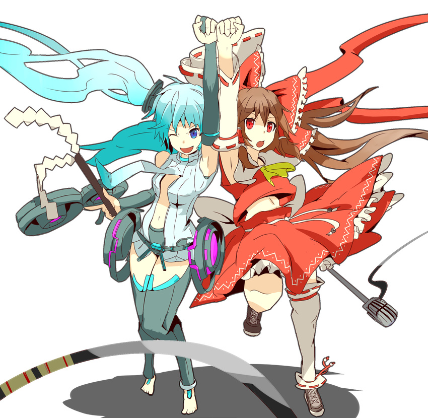 adnod armpits bad_id bad_pixiv_id crossover full_body hakurei_reimu hatsune_miku hatsune_miku_(append) highres long_hair multiple_girls thighhighs touhou transparent_background very_long_hair vocaloid vocaloid_append