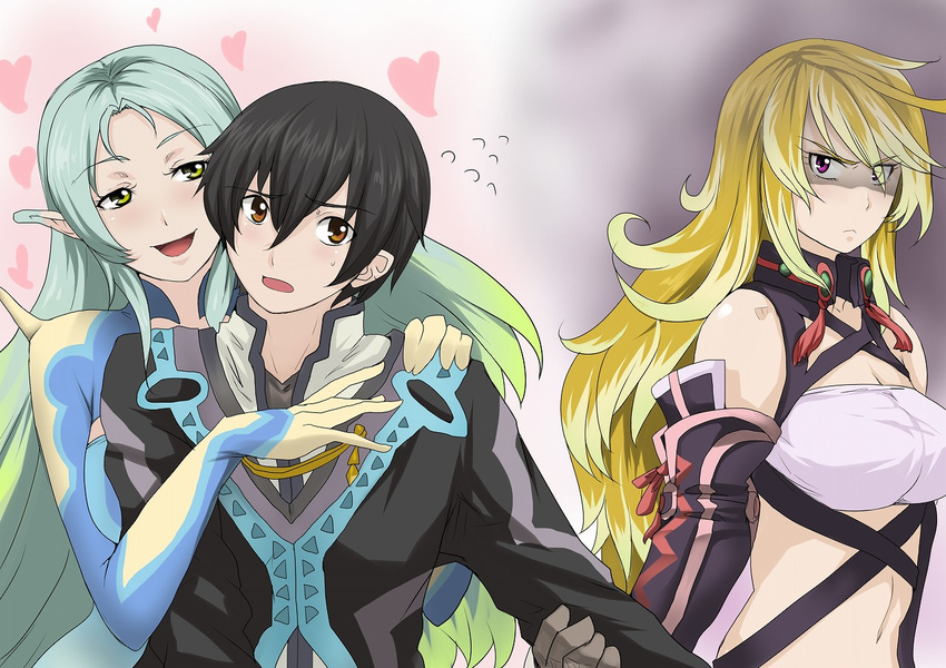 1boy 2girls angry aqua_hair arm_grab bare_shoulders black_hair blonde_hair blush breasts brown_eyes cholesenel coat gloves green_eyes heart hug hug_from_behind jealous jude_mathis large_breasts long_hair milla_maxwell multiple_girls muse_(tales_of_xillia) muzet_(tales) naughty_face navel nervous open_mouth pointy_ears purple_eyes short_hair shy tales_of_(series) tales_of_xillia