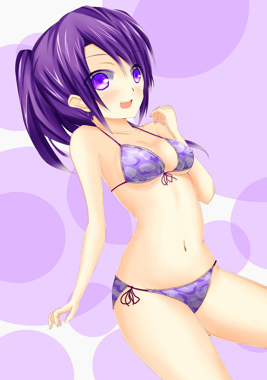 bad_id bad_pixiv_id bikini chiiutsu_(cheewts) highres navel original ponytail purple_eyes purple_hair short_hair solo swimsuit