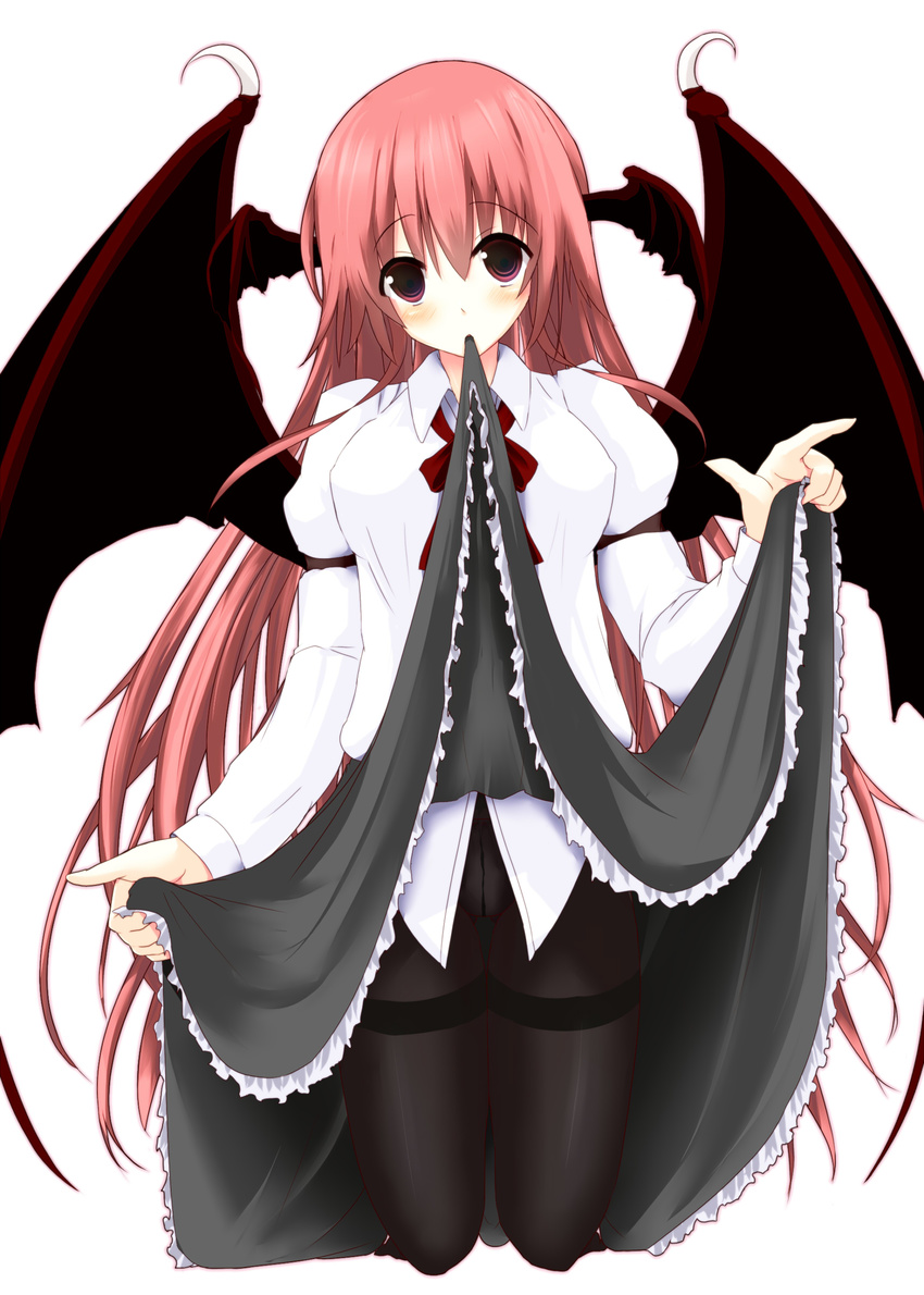 absurdres bat_wings black_legwear crotch_seam head_wings highres koakuma long_hair pandamonium panties panties_under_pantyhose pantyhose red_eyes red_hair shirt skirt skirt_up solo thigh_gap thighband_pantyhose touhou underwear wings