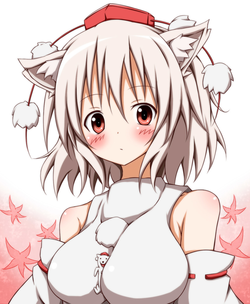 animal_ears bare_shoulders between_breasts blush breasts detached_sleeves dog hat highres inubashiri_momiji inubashiri_momiji_(wolf) karamoneeze large_breasts leaf looking_at_viewer maple_leaf pom_pom_(clothes) red_eyes short_hair solo tokin_hat touhou white_hair wolf_ears