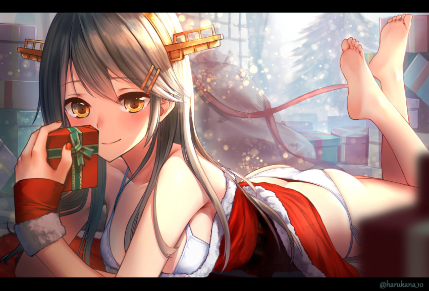 1girl arm_support ass bangs bare_shoulders barefoot bikini box breasts brown_eyes brown_hair christmas_tree closed_mouth commentary_request feet fur_trim gift gift_box hair_ornament hairclip harukana_(harukana_10) haruna_(kantai_collection) headgear holding kantai_collection letterboxed long_hair looking_at_viewer lying medium_breasts nail_polish on_stomach red_nails santa_costume side-tie_bikini smile solo swimsuit the_pose twitter_username white_bikini