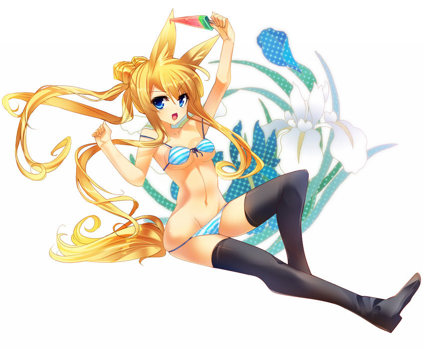 animal_ears arm_up bare_shoulders bikini bikini_pull black_legwear blonde_hair blue_eyes boots breasts cleavage dragonmaterial floral_background flower food front-tie_top full_body groin long_hair navel original ponytail popsicle sidelocks sitting small_breasts smile solo strap_slip string_bikini striped striped_bikini swimsuit thigh_boots thighhighs underboob watermelon_bar