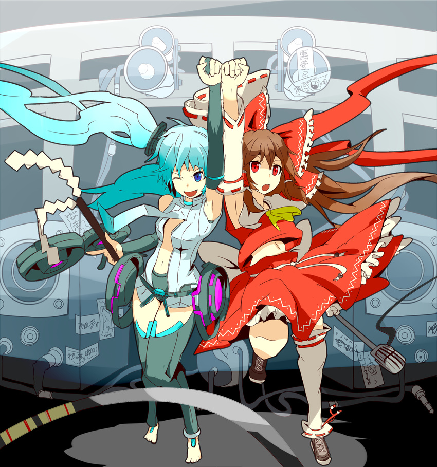 adnod armpits bad_id bad_pixiv_id crossover hakurei_reimu hatsune_miku hatsune_miku_(append) highres long_hair multiple_girls thighhighs touhou very_long_hair vocaloid vocaloid_append