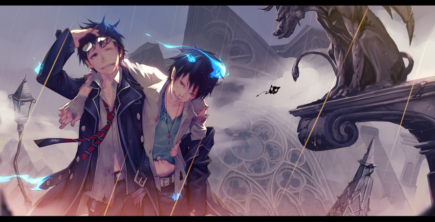 ao_no_exorcist bandages belt black_hair blood blue_fire brothers fire glasses highres letterboxed monq multiple_boys necktie okumura_rin okumura_yukio one_eye_closed pants pointy_ears short_hair siblings smile statue striped striped_neckwear torn_clothes