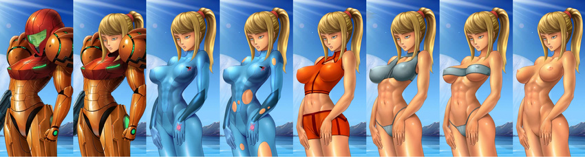 abs bikini blonde_hair blue_eyes bodysuit breasts ecchi-mia metroid nintendo nipples nude ponytail samus_aran shorts torn_clothes varia_suit zero_suit