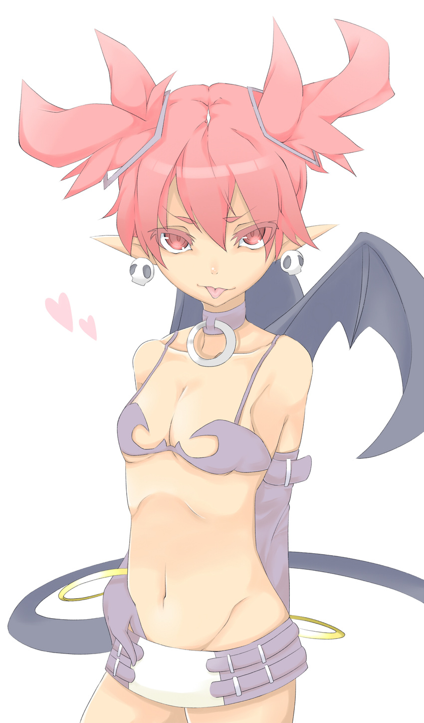 :p bad_id bad_pixiv_id bare_shoulders bat_wings bikini_top collar demon_girl disgaea earrings elbow_gloves etna flat_chest gloves heart highres jewelry looking_at_viewer microskirt navel pink_eyes pink_hair pointy_ears short_hair skirt solo tail tongue tongue_out tsunotsuki_(uguisu_maccha) twintails wings