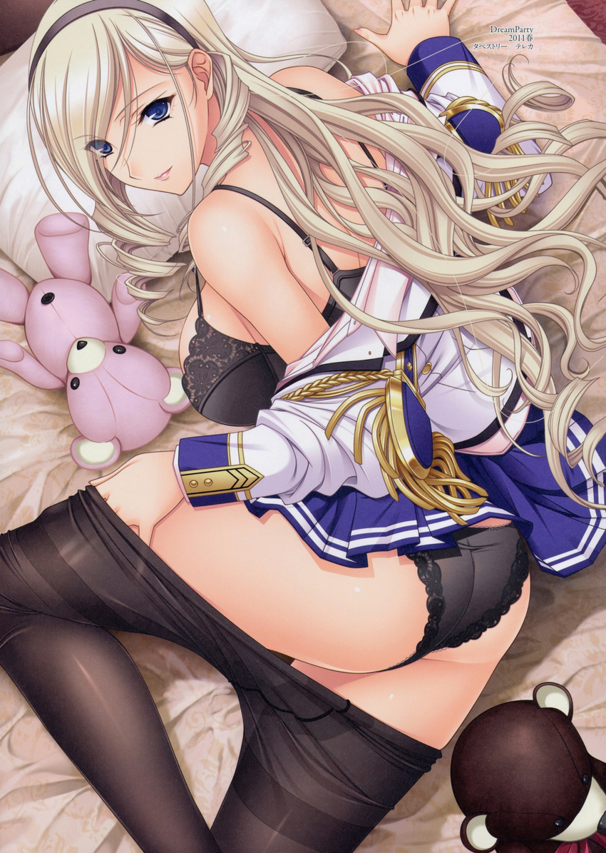 1girl absurdres ass back bare_shoulders bed black_bra black_panties blonde_hair blue_eyes bra breasts celia_kumani_entory drill_hair hairband highres huge_breasts komori_kei large_breasts legs lipstick long_hair looking_at_viewer lying makeup on_side panties pantyhose pillow school_uniform skirt skirt_lift smile solo stuffed_animal teddy_bear thighs underwear undressing walkure_romanze