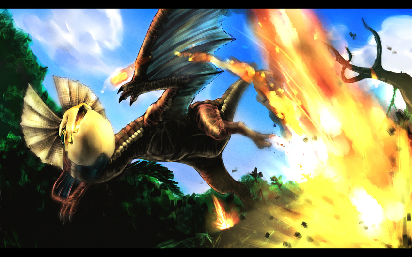 fireball highres letterboxed monster monster_hunter no_humans solo tail tree wings wyvern yellow_eyes yian_kut-ku yoshida_hideyuki