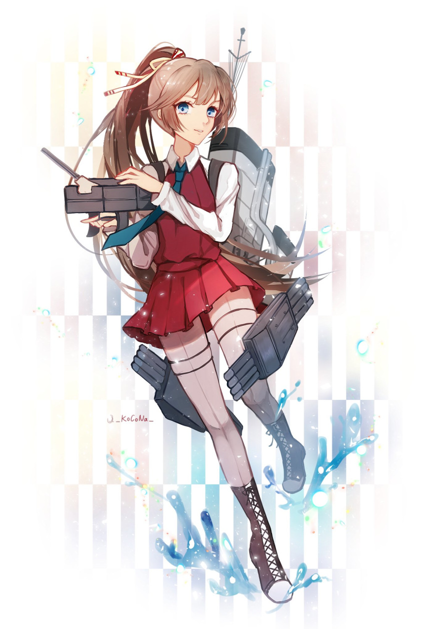 1girl adapted_turret boots brown_hair cannon commentary_request cross-laced_footwear dress full_body green_neckwear grey_legwear hair_ribbon highres kantai_collection kazagumo_(kantai_collection) kocona lace-up_boots long_hair necktie pantyhose ponytail ribbon shirt silver_eyes sleeveless sleeveless_dress smokestack solo turret white_shirt