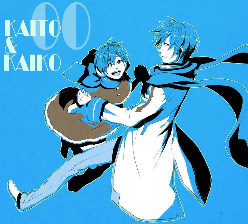 1girl blue bow character_name couple dress dual_persona genderswap genderswap_(mtf) happy hetero highres holding_hands kaiko kaito kunieda_(miniaturegarden) scarf vocaloid