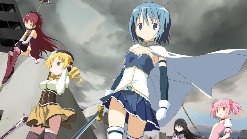 akemi_homura banned_artist black_hair black_ribbon blonde_hair blue_eyes blue_hair boots bow bow_(weapon) cape capelet cloud cloudy_sky corset drill_hair from_below gloves gun hair_bow hair_ribbon hairband hat kaname_madoka knee_boots long_hair magical_girl magical_musket mahou_shoujo_madoka_magica miki_sayaka miniskirt moritan multiple_girls pink_hair pink_ribbon polearm ponytail red_hair ribbon rifle sakura_kyouko short_hair short_twintails sitting sitting_on_object skirt sky spear sword thighhighs thighs tomoe_mami twin_drills twintails weapon