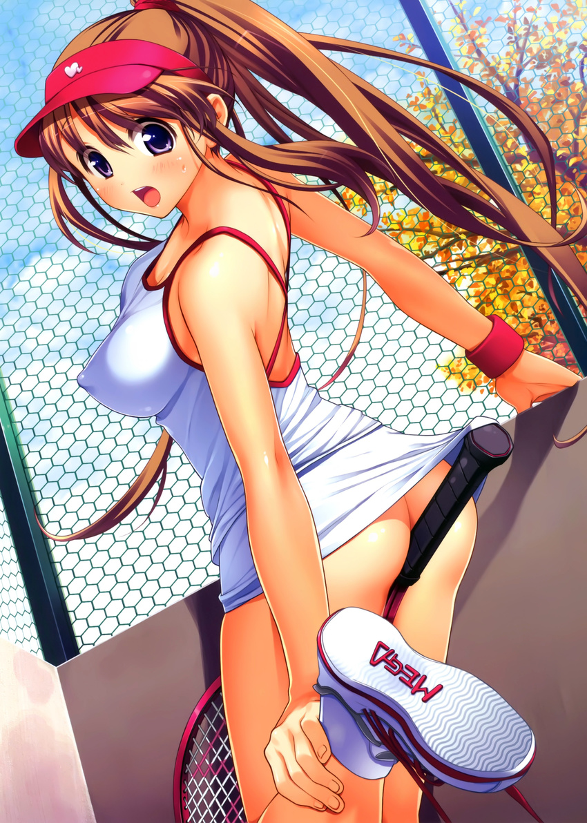 absurdres ass bare_shoulders between_thighs blush bottomless breasts brown_hair cleavage copyright_request covered_nipples hamashima_shigeo highres leg_up long_hair looking_back medium_breasts no_panties open_mouth ponytail purple_eyes racket shoes sneakers solo sportswear sweat tennis_racket tennis_uniform visor_cap white_legwear wristband