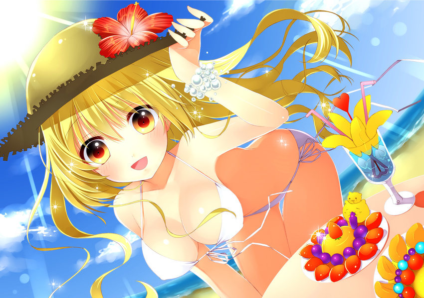 bad_id bad_pixiv_id bare_shoulders beach bent_over bikini blonde_hair blue_hawaii blush bracelet breasts cleavage cloud cup day flower food front-tie_top fruit hat hibiscus highres jewelry large_breasts leaning_forward long_hair looking_at_viewer open_mouth original outdoors red_eyes side-tie_bikini sky smile solo sparkle straw_hat swimsuit tropical_drink white_bikini yadapot