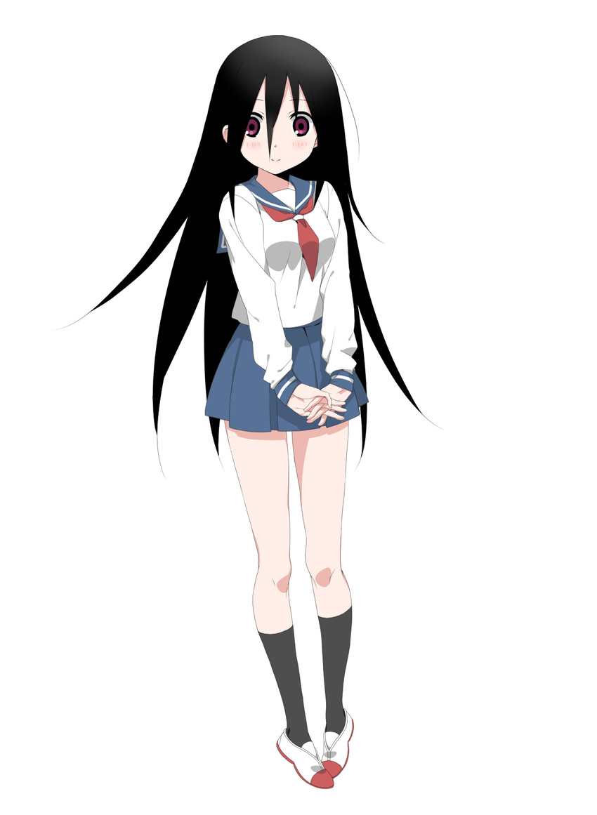 bangs black_hair ekra hands highres komori_kiri legs long_hair pigeon-toed red_eyes sayonara_zetsubou_sensei school_uniform serafuku simple_background skirt smile solo very_long_hair