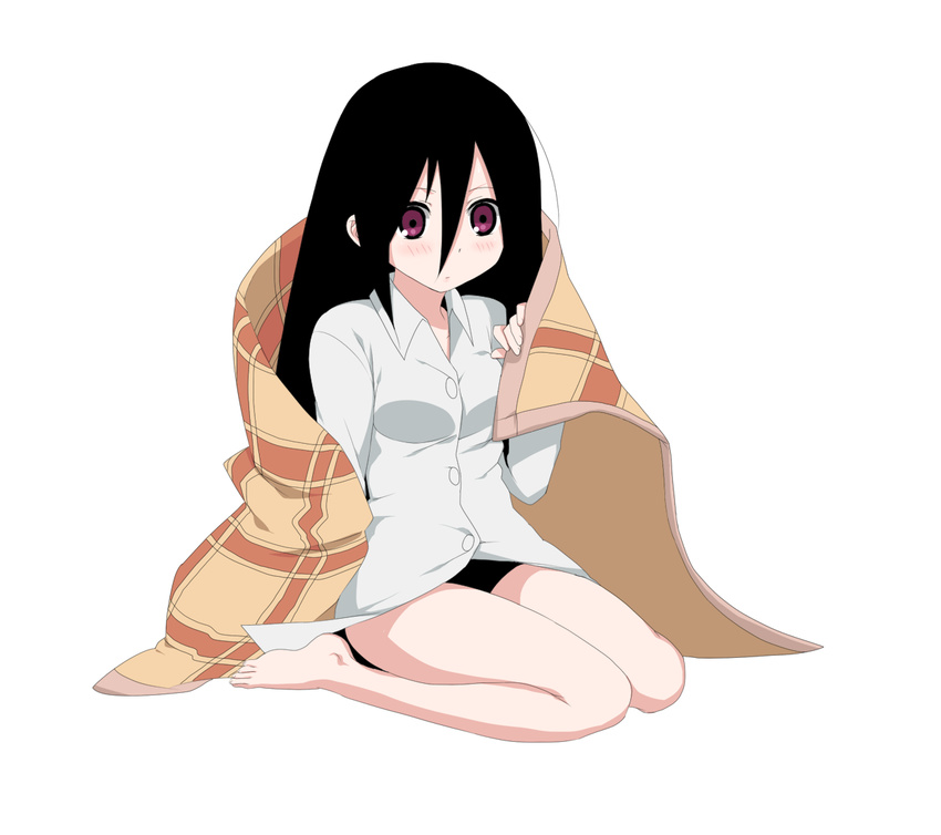 bangs barefoot black_hair blanket bottomless dress_shirt ekra full_body komori_kiri legs long_hair red_eyes sayonara_zetsubou_sensei shirt simple_background sitting solo very_long_hair wariza