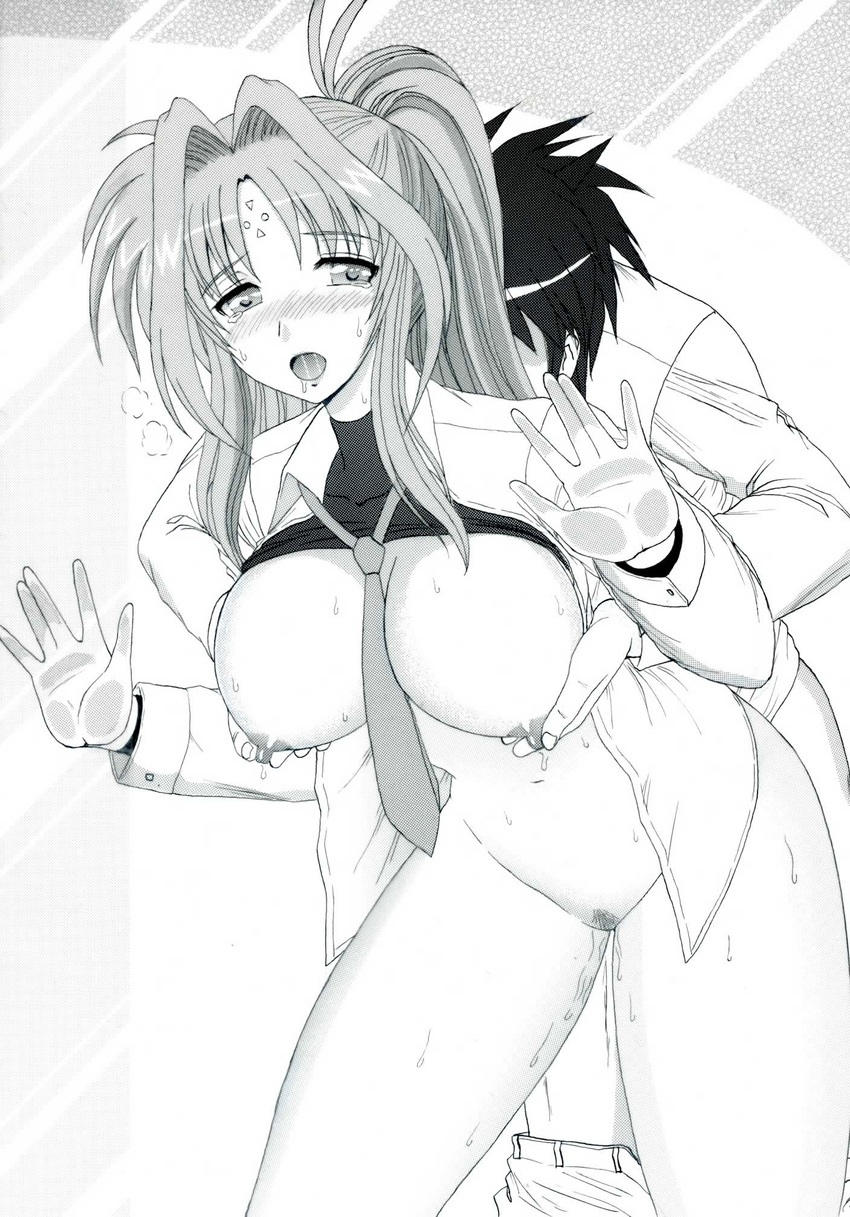 1girl :o blush bottomless breast_grab breasts facial_mark forehead_mark grabbing hetero highres kirishima_goro_(55541) large_breasts lindy_harlaown long_hair long_sleeves lyrical_nanoha mahou_shoujo_lyrical_nanoha monochrome necktie nipple_tweak nipples open_clothes pubic_hair pussy_juice saliva sex shirt_lift tears