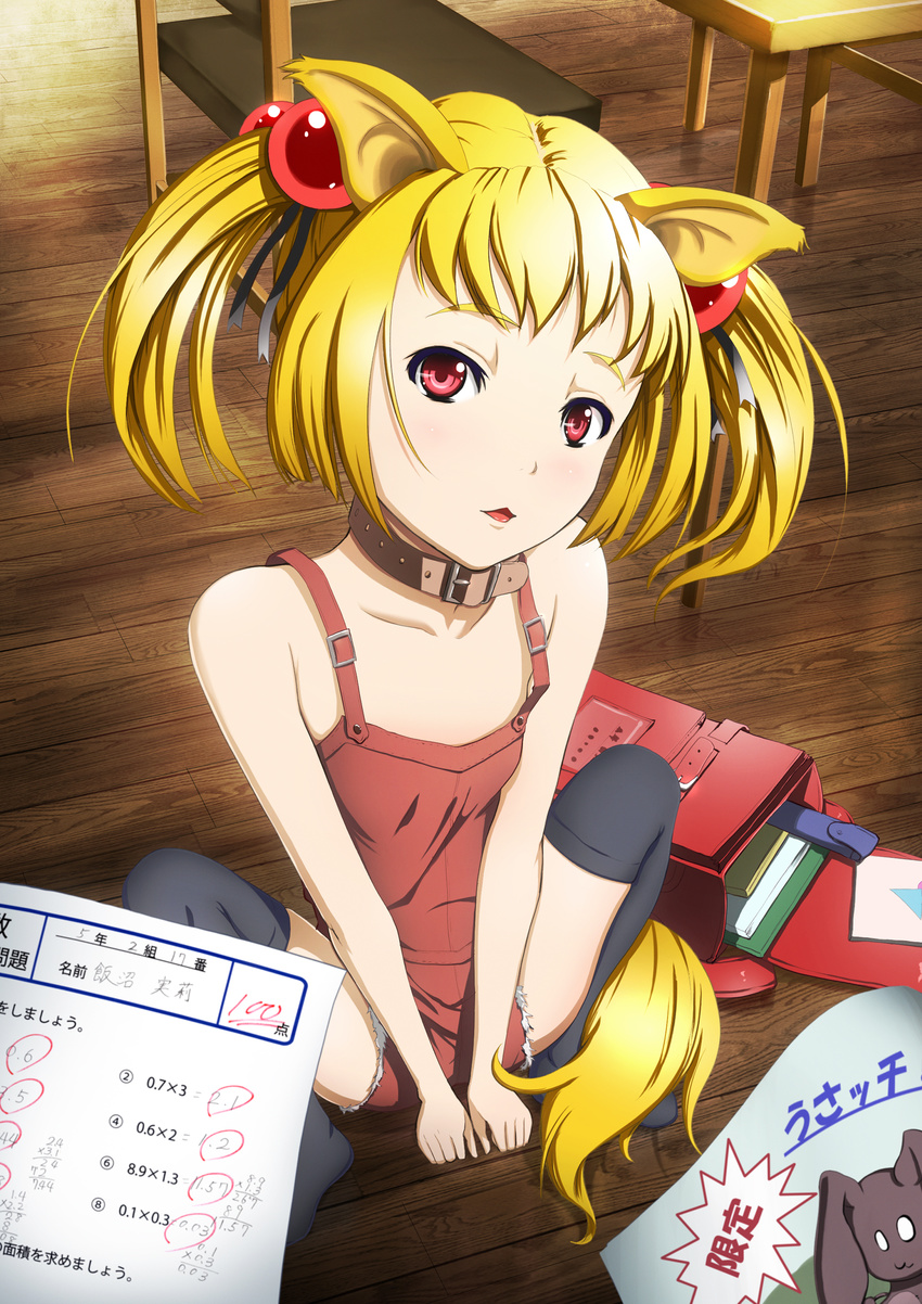 absurdres animal_ears backpack bad_id bad_pixiv_id bag bare_shoulders black_legwear blonde_hair collar hair_bobbles hair_ornament halcyon highres looking_at_viewer math original parted_lips randoseru red_eyes short_twintails shorts solo squatting tail thighhighs twintails