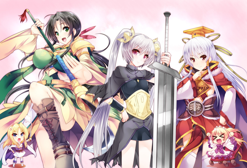 anger_vein black_hair blonde_hair blue_eyes boots breasts cape chair chibi closed_eyes enjutsu_kouro enshou_(sangoku_hime) glaive goban green_eyes hair_ornament hat highres kan'u_unchou_(sangoku_hime) kayuu_(sangoku_hime) large_breasts medium_breasts multiple_girls open_mouth polearm red_eyes sangoku_hime smile sousou_moutoku_(sangoku_hime) sword twintails weapon white_hair