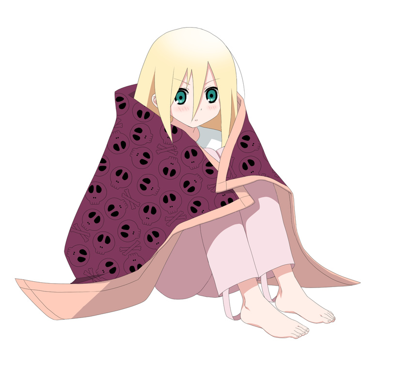 alternate_hair_color aqua_eyes bangs barefoot blanket blonde_hair ekra feet full_body komori_kiri long_hair pajamas sayonara_zetsubou_sensei simple_background sitting skull_and_crossbones solo very_long_hair