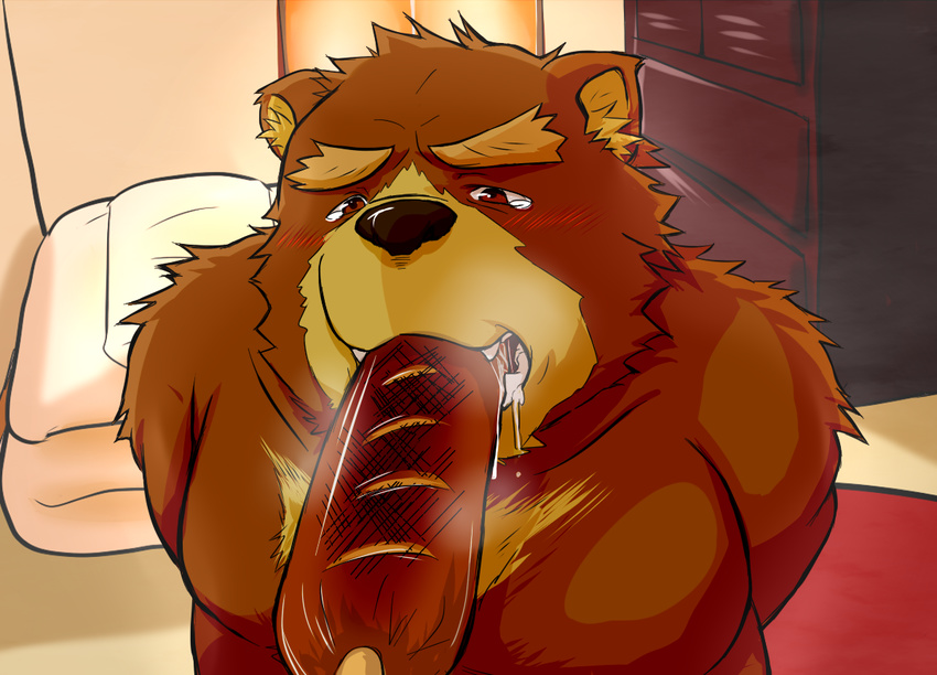 blush brown_eyes chubby food fur grizzly_bear hot_dog juuichi male mammal morenatsu nude overweight saliva steam tears z-juugoya_izayoi