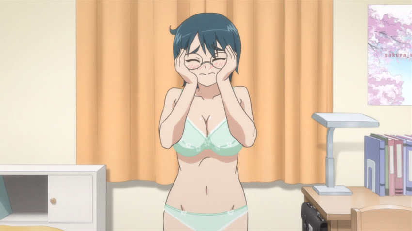 black_hair bra breasts glasses green_bra green_panties kiss_x_sis lace lace-trimmed_panties large_breasts lingerie mikuni_miharu navel panties screencap short_hair solo underwear underwear_only