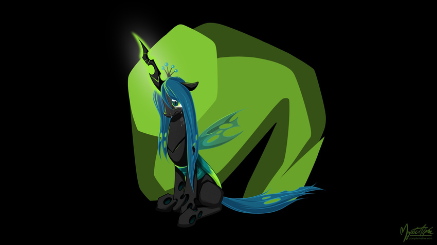 black_background changeling crying fangs female feral friendship_is_magic glowing green_eyes horn my_little_pony mysticalpha plain_background queen_chrysalis_(mlp) sad solo tear tears wings