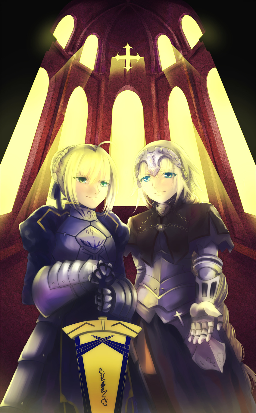 absurdres ahoge armor armored_dress artoria_pendragon_(all) avalon_(fate/stay_night) bad_id bad_pixiv_id blonde_hair blue_eyes braid capelet dress fate/apocrypha fate/zero fate_(series) forakana gauntlets green_eyes hair_ribbon headpiece highres jeanne_d'arc_(fate) jeanne_d'arc_(fate)_(all) multiple_girls ribbon saber sheath sheathed single_braid sword weapon