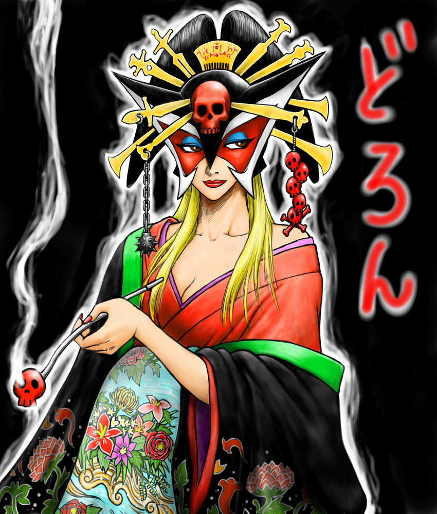 absurdres alternate_costume black_hair blonde_hair breasts cleavage doronjo eyeshadow hair_ornament hair_up highres japanese_clothes kimono kiseru kuroi_kazuhiro makeup mask medium_breasts oiran pipe skull solo time_bokan_(series) updo yatterman