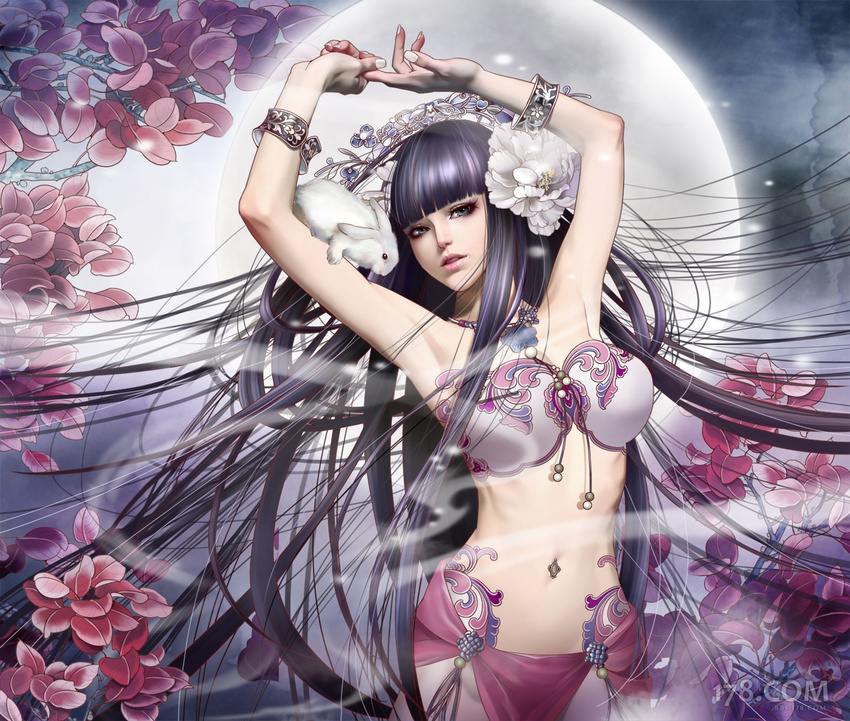 armpits arms_up bracelet bunny chang'e flower hair_flower hair_ornament highres jewelry journey_to_the_west lips long_hair moon moon_rabbit navel_piercing necklace piercing qq_xi_you realistic solo standing very_long_hair watermark zhang_xiaobai