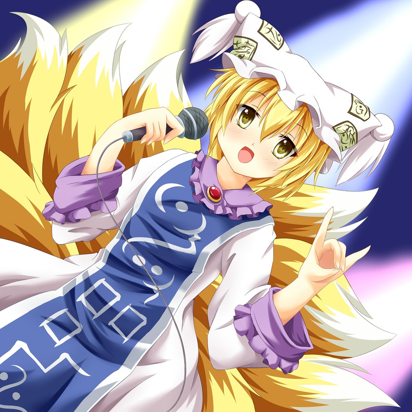 bad_id bad_pixiv_id blonde_hair blush dress fox_tail gesture hat highres kmkm9696 lights microphone multiple_tails ofuda open_mouth short_hair smile solo tabard tail touhou white_dress yakumo_ran yellow_eyes