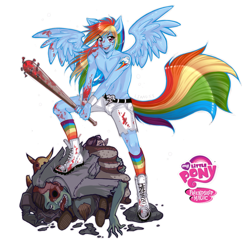 baseball_bat beaten blue_skin boots clothing crossgender equine feral friendship_is_magic hair horse limrei long_tail male mammal multi-colored_hair my_little_pony nail pants pegasus pink_eyes pony rainbow rainbow_dash_(mlp) rainbow_hair rock shoelaces socks tattoo undead weapon wings zombie