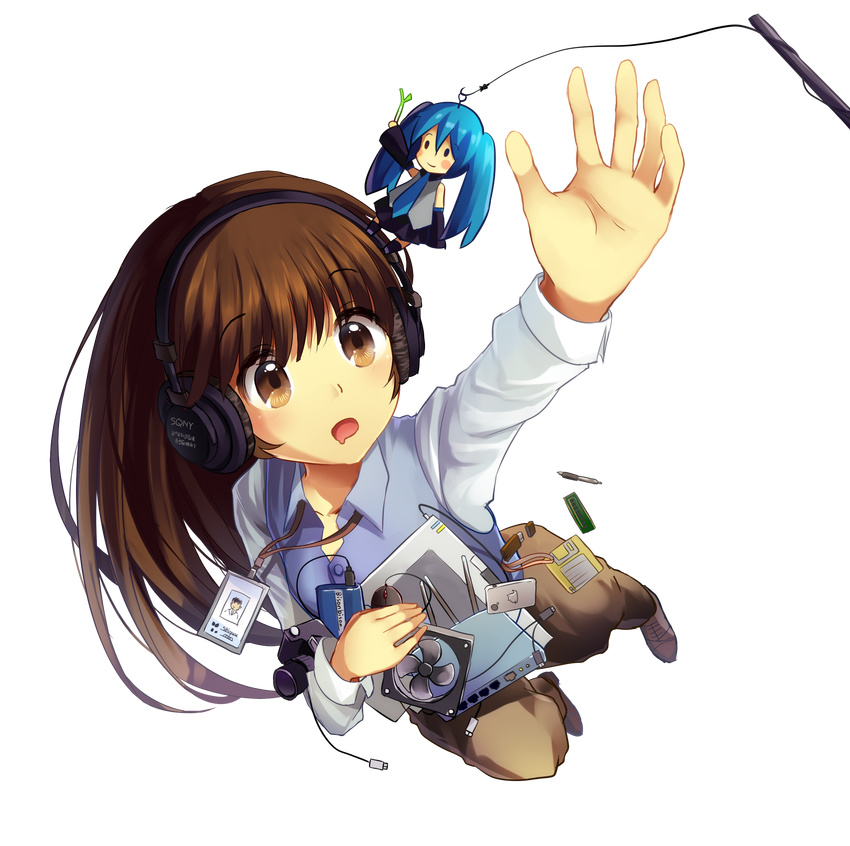 aqua_hair bison_cangshu blush brown_eyes brown_hair camera character_doll computer_router doll drooling fan floppy_disk hands hatsune_miku headphones highres long_hair mouse_(computer) necktie open_mouth original outstretched_hand pen reaching skirt solo spring_onion transparent_background twintails usb vocaloid