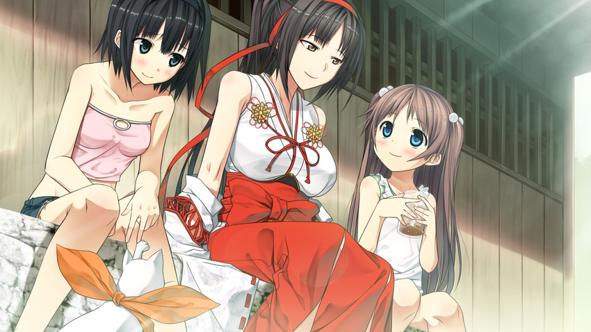 arishima_alice bare_shoulders black_eyes black_hair blue_eyes brown_eyes brown_hair casual cat chima_(monobeno) collarbone cura drink game_cg hair_bobbles hair_ornament hakama highres himemiya_(monobeno) japanese_clothes miko monobeno multiple_girls non-web_source red_hakama ribbon sawai_natsuha smile two_side_up